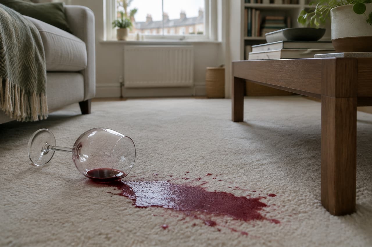 A wine glass knocked over on a pale carpet next to a low table.